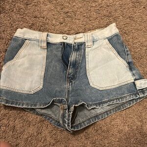 Blue High-Waisted Jean Shorts with Color-Block Design